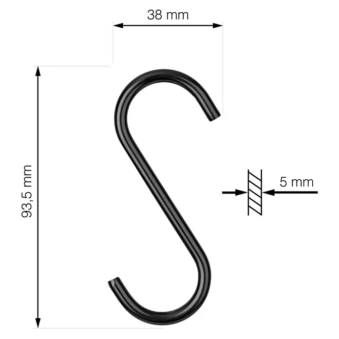 Walteco Rusticline Haken-Set Tube - 5 Stk. - Abbildung eines S-förmigen Hakens mit Maßangaben zu Länge, Breite und Materialstärke für technische Details.