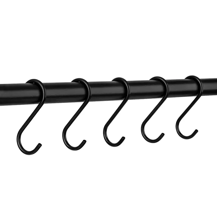 Walteco Rusticline Haken-Set Tube - 5 Stk. - Reihe von schwarzen S-Haken, die an einer Stange hängen, ideal zur Aufbewahrung von Küchenutensilien oder zum Aufhängen von Gegenständen im Kleiderschrank.