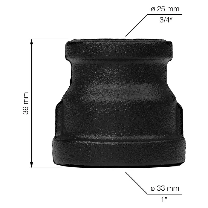 Walteco Rusticline Reduzierstück 3/4" x 1" Tube - Stahl, Schwarz - Abbildung eines schwarzen Verbindungsstücks mit den Maßen 39 mm Höhe, 25 mm und 33 mm Durchmesser.