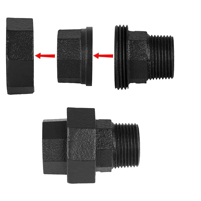 Walteco Rusticline Reduzierstück 3/4“ x 3/4“ Tube - Stahl, Schwarz, 2 Stk. - Schwarze Rohrverschraubung mit Gewinde, bestehend aus drei Einzelteilen, die zusammen eine Einheit bilden. Für Sanitäranwendungen.