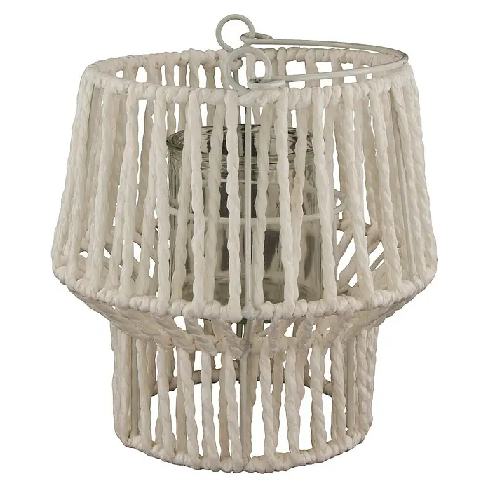 Windlicht Paper Rope - Ø x H: 19 x 20 cm, Weiß - Dekoratives Windlicht mit weißer Makramee-Ummantelung und Glaseinsatz, ideal für stimmungsvolle Beleuchtung im Innenbereich.
