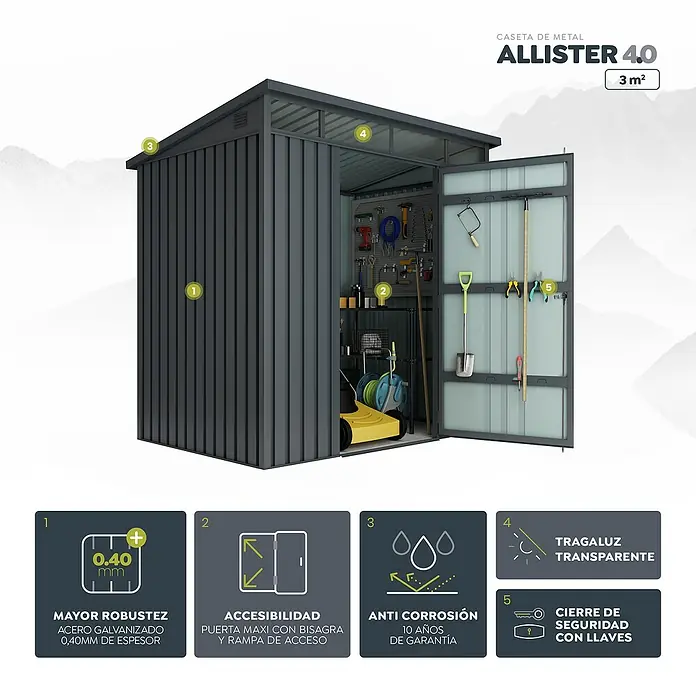 Hoggar Caseta de jardín Allister 3.0 - Medidas ext. (An x Pr): 197 x 146 cm, Antracita, Metal, Área: 3 m² - Imagen de una caseta de jardín metálica Allister 4.0, destacando su construcción robusta, accesibilidad, anticorrosión, translucidez y seguridad.