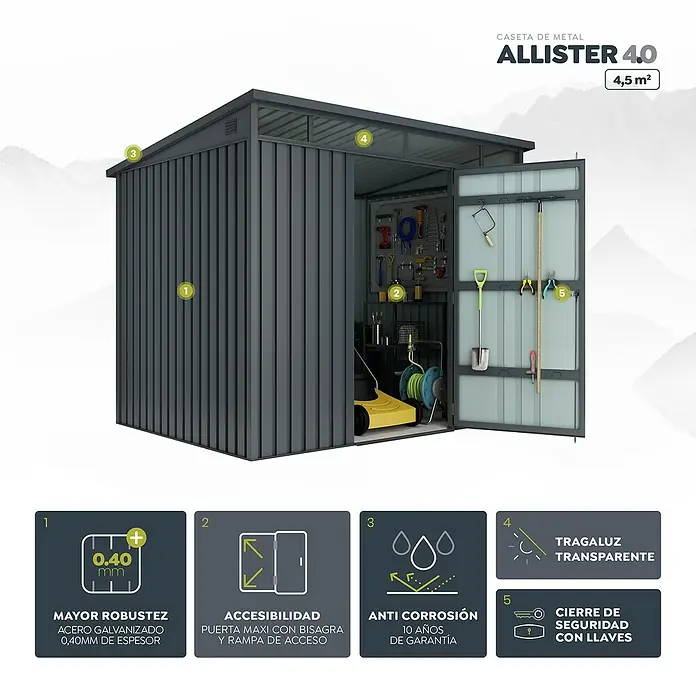 Hoggar Caseta de jardín Allister 4.5 - Medidas ext. (An x Pr): 237 x 186 cm, Antracita, Metal, Área: 4,5 m² - Imagen de una caseta metálica Allister 4.0, mostrando sus características y beneficios.