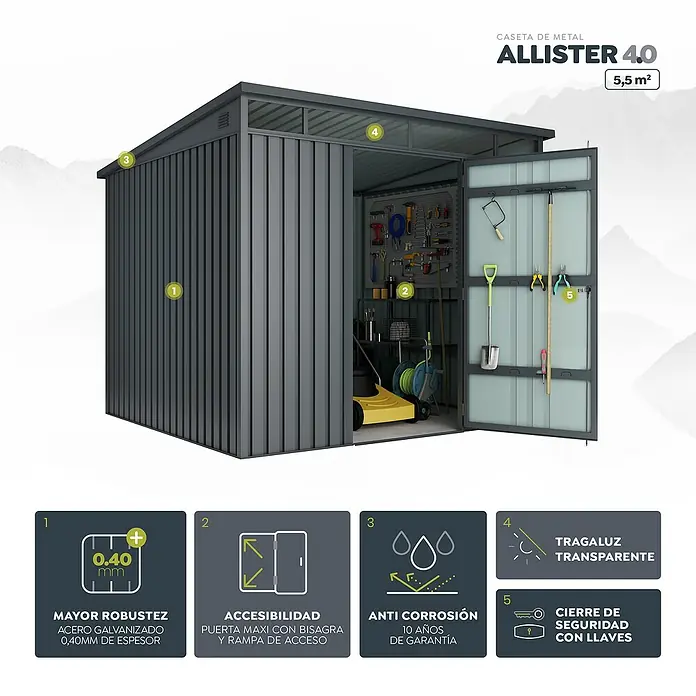 Hoggar Caseta de jardín Allister 5.5 - Medidas ext. (An x Pr): 237 x 226 cm, Antracita, Metal, Área: 5,5 m² - Imagen de una caseta de jardín metálica Allister 4.0, destacando características como robustez, accesibilidad y propiedades anticorrosivas.