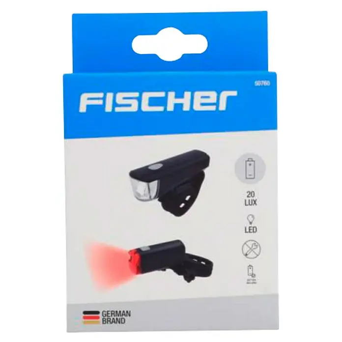 Fischer Fahrradbeleuchtungs-Set LUMOZ 20 - LED, Schwarz - Abbildung einer FISCHER Fahrradbeleuchtung, ein deutsches Markenprodukt, mit 20 Lux LED-Technologie für optimale Sichtbarkeit und Sicherheit.