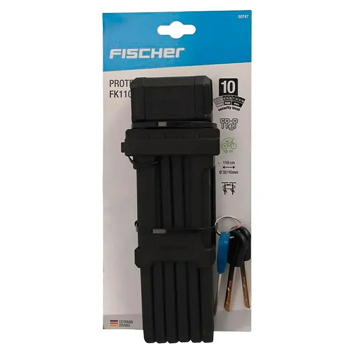 Faltschloss - Länge: 110 mm - Das FISCHER PROTECT FK110 Faltschloss bietet hohe Sicherheit mit Schlüssel. Ideal zum Schutz von Fahrrädern, ausgestattet mit Zylinderschloss.