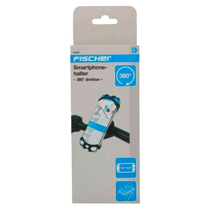 Fischer Smartphone-Fahrradhalterung - Schwarz - Produktverpackung für eine Fischer Smartphone-Halterung zur Befestigung am Fahrradlenker, 360° drehbar und passend für 3,5-6,5" Smartphones.