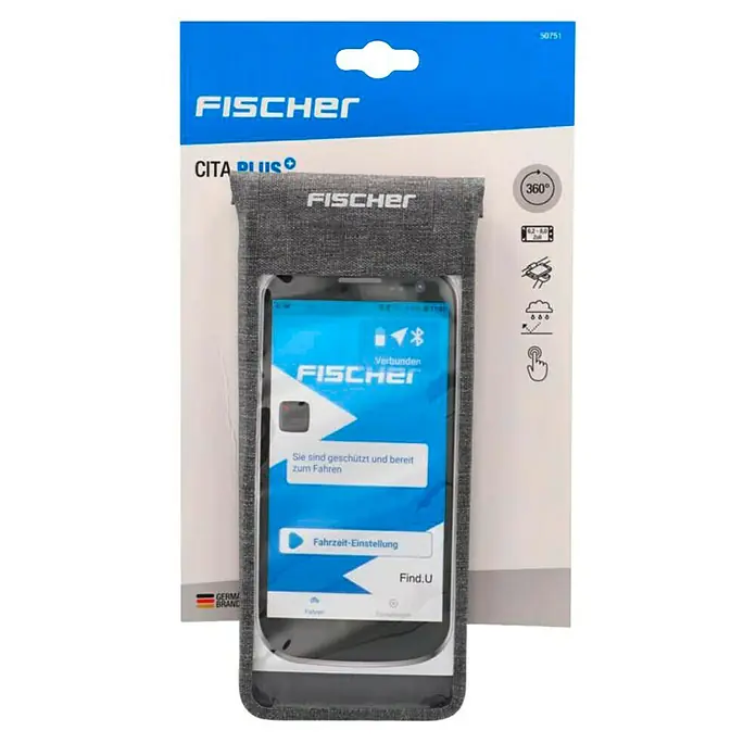 Fischer Smartphone-Fahrradhalterung CITA - Schwarz, Wasserfest - Das Bild zeigt eine FISCHER CITA PLUS Handyhülle, die das Handy schützt und eine einfache Bedienung ermöglicht.