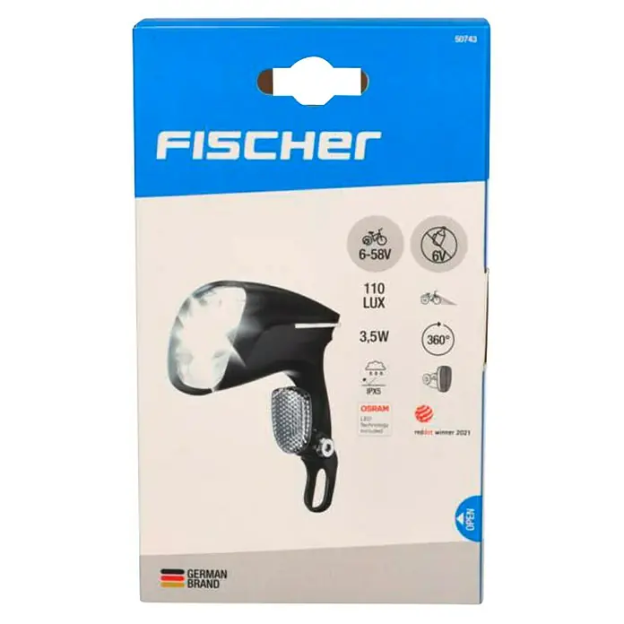 Fahrradbeleuchtungs-Set - LED, Schwarz - Verpackung der Fischer Fahrradlampe mit 110 Lux, 3,5W, 6-58V, IPX5 Schutz und Osram LED Technologie, ausgezeichnet mit dem reddot winner 2021.