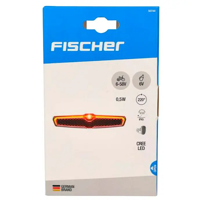 Fischer Fahrradbeleuchtungs-Set - Rot - Eine Nahaufnahme der Verpackung einer Fahrradrückleuchte der Marke Fischer, die technische Details wie 6-58V, 6V und CREE LED hervorhebt.