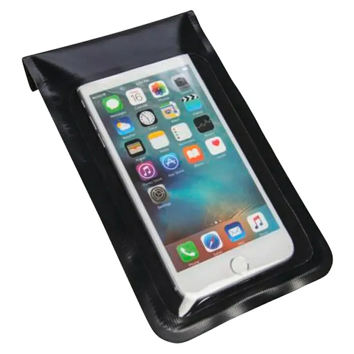 Fischer Smartphone-Fahrradhalterung - L/XL, Schwarz, Spritzwassergeschützt - Ein weißes Smartphone befindet sich in einer schwarzen, wasserdichten Handytasche, die das Gerät vor Wasser und Staub schützt.