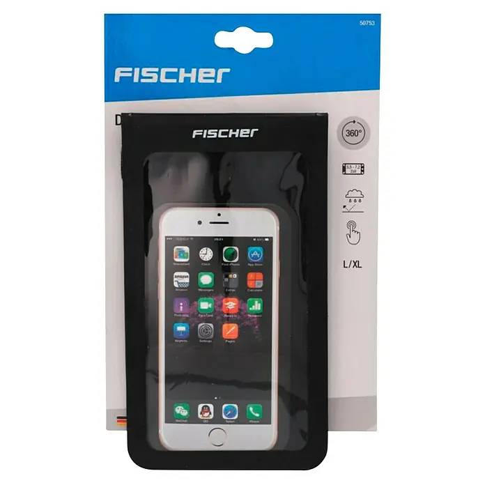 Fischer Smartphone-Fahrradhalterung - Schwarz, Wasserfest - Abbildung einer Fischer-Handytasche, Größe L/XL, mit einem darin liegenden iPhone, das eine Vielzahl von Apps auf dem Bildschirm anzeigt.