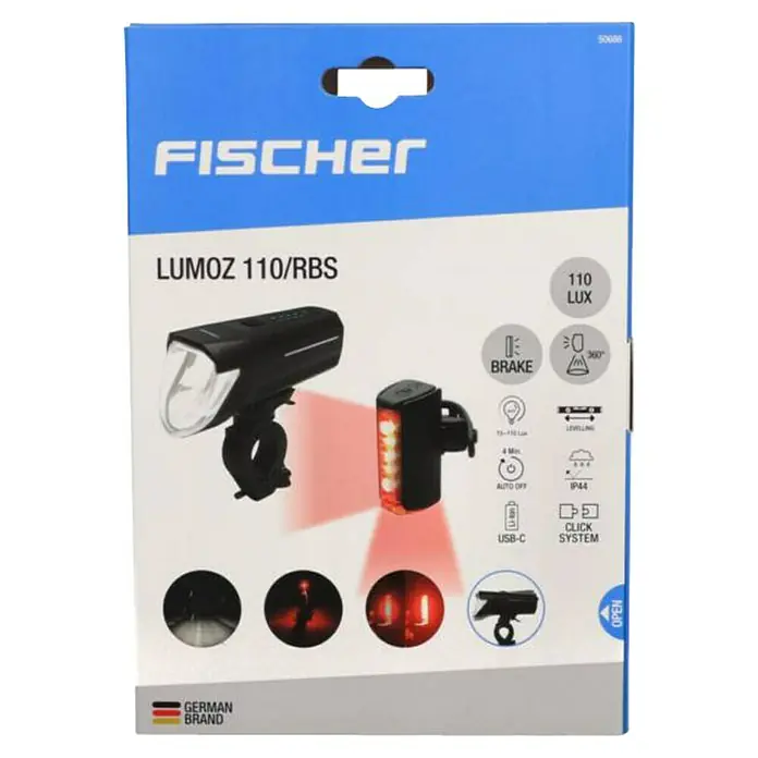 Fischer Fahrradbeleuchtungs-Set - LED, Schwarz, Beleuchtungsstärke: 110 lx - Verpackung der Fischer Lumoz 110/RBS Fahrradbeleuchtung mit Front- und Rücklicht, USB-C-Aufladung und Bremsfunktion für mehr Sicherheit.