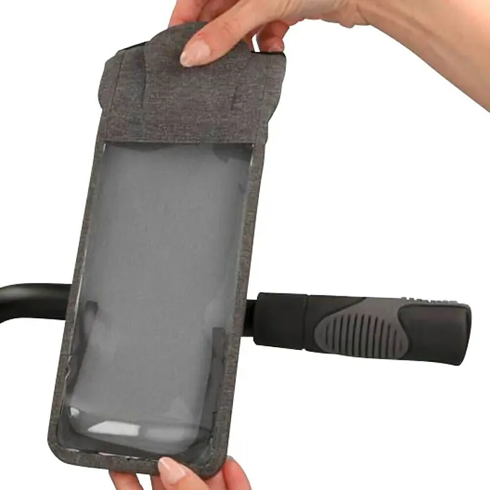 Fischer Smartphone-Fahrradhalterung CITA - Schwarz, Wasserfest - Hier ist eine Handytasche für Fahrräder. Die Tasche ist grau und hat eine durchsichtige Vorderseite, damit man das Handy sehen kann.