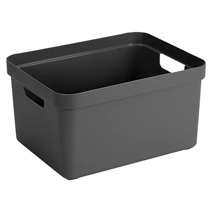 Sunware Aufbewahrungsbox Sigma Home - L x B x H: 44,5 x 34,5 x 24,3 cm, Kunststoff, Anthrazit - Nahaufnahme einer grauen Kunststoff-Aufbewahrungsbox mit Griffen, ideal zur Organisation von Gegenständen und zur Aufbewahrung im Haushalt.