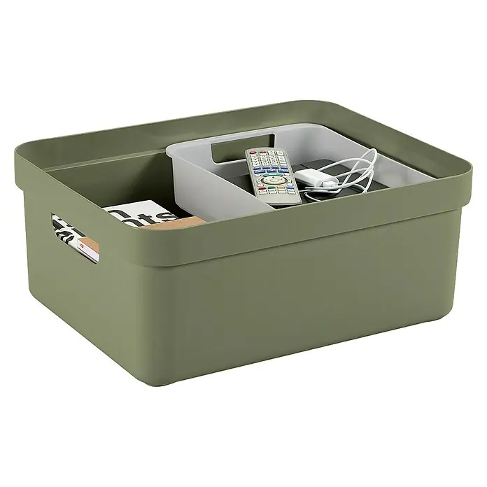 Sunware Aufbewahrungsbox Sigma Home - L x B x H: 44,5 x 34,5 x 18,3 cm, Kunststoff, Dunkelgrün - Aufbewahrungsbox in Olivgrün mit grauem Einsatz, ideal zur Organisation von Gegenständen. Praktisch mit integrierten Griffen für einfachen Transport.