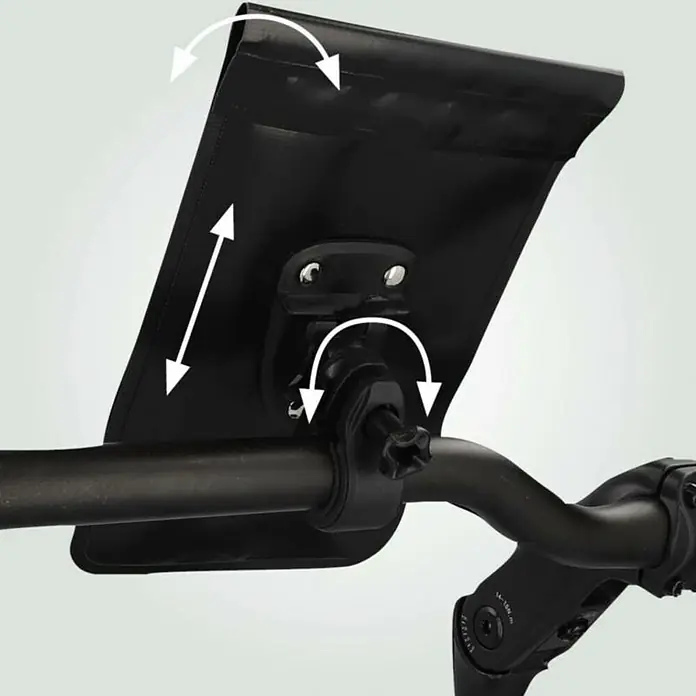 Fischer Smartphone-Fahrradhalterung - L/XL, Schwarz, Spritzwassergeschützt - Nahaufnahme einer schwarzen, wasserdichten Handyhalterung am Fahrradlenker, die Flexibilität und Schutz für das Gerät bietet.