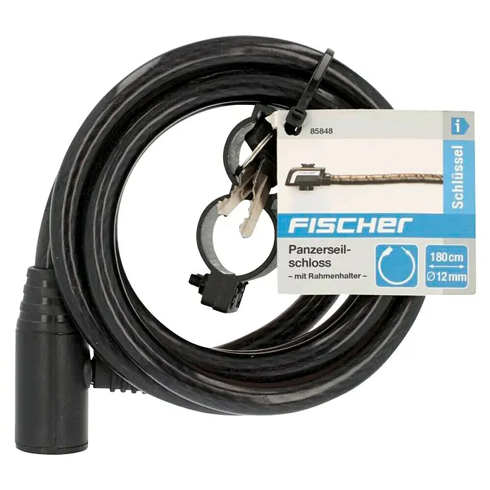 Fischer Spiralschloss - Länge: 180 cm, Durchmesser: 12 mm - Schwarzes Fischer Panzerseil-Schloss mit Schlüssel und Rahmenhalter, ideal für Fahrräder.