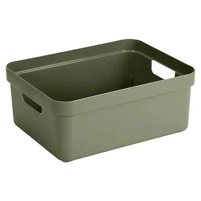 Sunware Aufbewahrungsbox Sigma Home - L x B x H: 44,5 x 34,5 x 18,3 cm, Kunststoff, Dunkelgrün - Ein olivgrüner, rechteckiger Kunststoff-Aufbewahrungsbehälter mit Griffen, ideal für die Organisation von Gegenständen im Haus oder Büro.