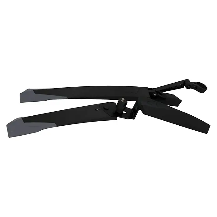 Fischer Spritzschutz-Set - Geeignet für: 27,5 - 29″ Räder - Zwei schwarze Fahrrad Schutzbleche mit grauen Spitzen liegen übereinander. Die Schutzbleche sind für Mountainbikes konzipiert.