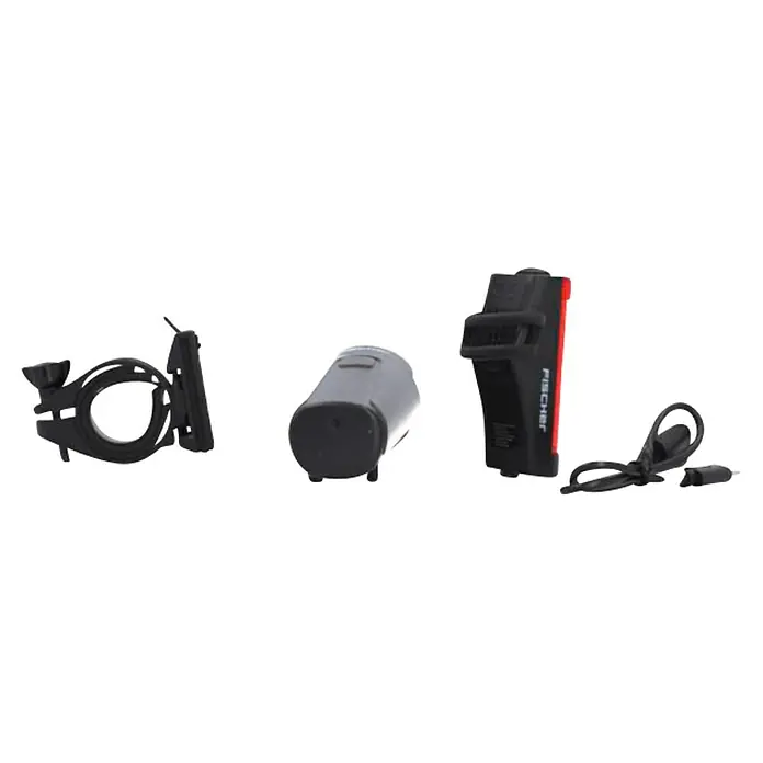 Fischer Fahrradbeleuchtungs-Set - LED, Schwarz, Beleuchtungsstärke: 45 lx - Produktabbildung: Ein Fahrradlicht-Set mit einer Halterung, einem Vorderlicht, einem Rücklicht mit Fischer-Logo und einem Ladekabel.