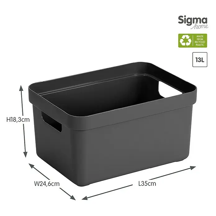 Sunware Aufbewahrungsbox Sigma Home - L x B x H: 35 x 24,6 x 18,3 cm, Kunststoff, Anthrazit - Ein grauer Sigma Home Aufbewahrungsbehälter mit einer Größe von 13 Litern und den Maßen H18,3cm, B24,6cm und L35cm. Hergestellt aus recyceltem Kunststoff.