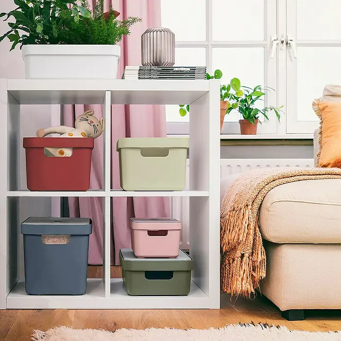 Sunware Aufbewahrungsbox Sigma Home - L x B x H: 35 x 24,6 x 12,2 cm, Kunststoff, Dunkelgrün - Aufbewahrungsboxen in verschiedenen Farben in einem weißen Regal mit Pflanzen und einem beigen Sofa im Hintergrund.