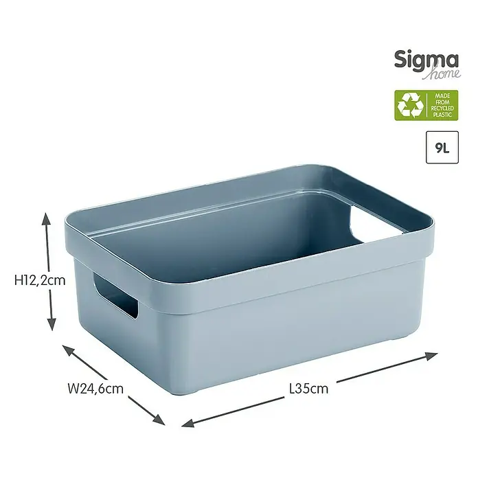 Sunware Aufbewahrungsbox Sigma Home - L x B x H: 35 x 24,6 x 12,2 cm, Kunststoff, Blaugrau - Bild eines Sigma Home 9L Aufbewahrungsbehälters aus recyceltem Kunststoff mit den Maßen H12,2cm, B24,6cm und L35cm.