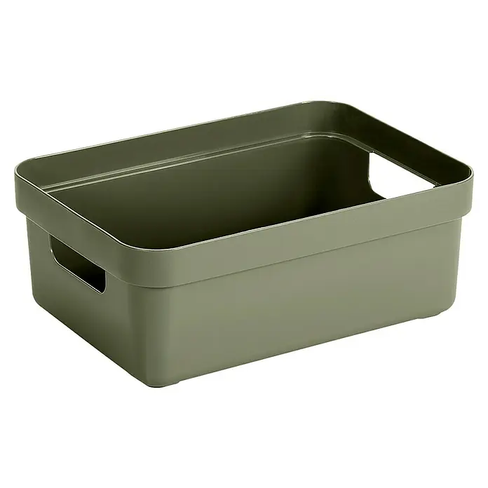 Sunware Aufbewahrungsbox Sigma Home - L x B x H: 35 x 24,6 x 12,2 cm, Kunststoff, Dunkelgrün - Ein olivgrüner Kunststoffbehälter mit Griffen an den Seiten, ideal für die Aufbewahrung verschiedener Gegenstände im Haushalt.