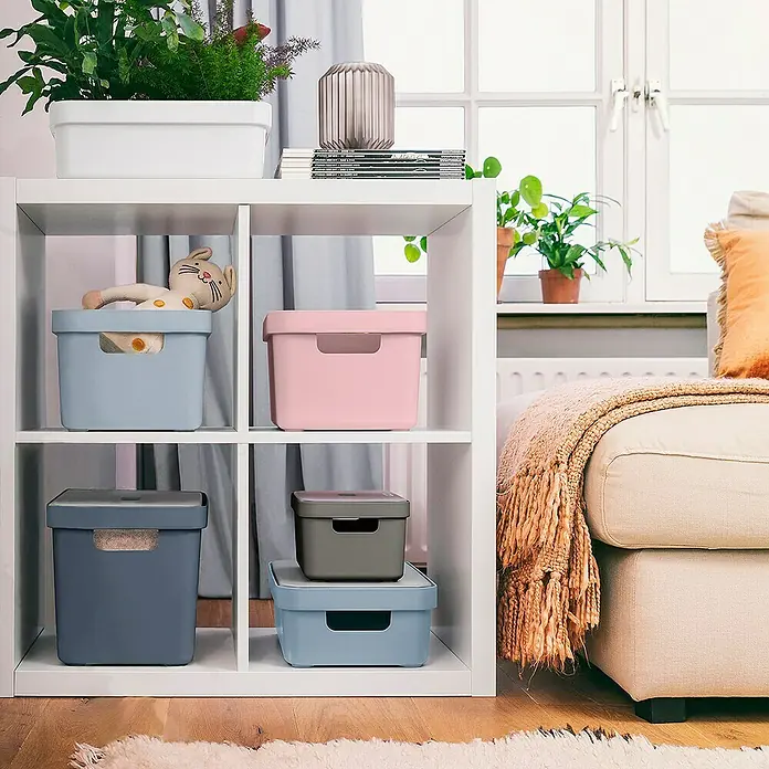 Sunware Aufbewahrungsbox Sigma Home - L x B x H: 35 x 24,6 x 12,2 cm, Kunststoff, Hellgrau - Ein weißes Regal mit bunten Aufbewahrungsboxen, die verschiedene Gegenstände enthalten. Pflanzen und eine Couch sind im Hintergrund zu sehen.