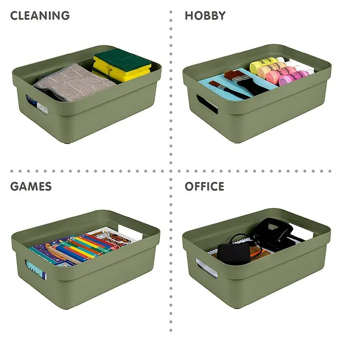 Sunware Aufbewahrungsbox Sigma Home - L x B x H: 35 x 24,6 x 12,2 cm, Kunststoff, Dunkelgrün - Vier grüne Aufbewahrungsboxen mit der Aufschrift Reinigen, Hobby, Spiele und Büro, gefüllt mit entsprechenden Gegenständen.