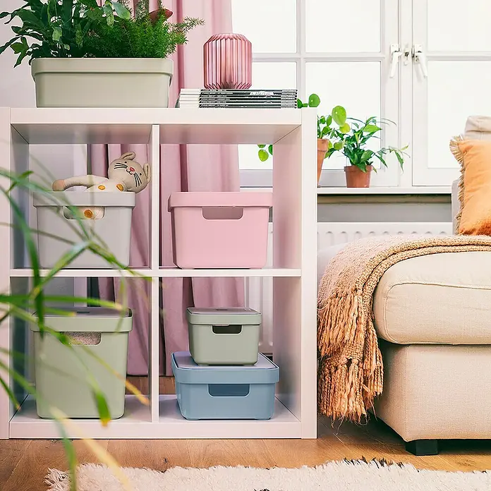 Sunware Aufbewahrungsbox Sigma Home - L x B x H: 35 x 24,6 x 24,3 cm, Kunststoff, Hellgrün - Das Bild zeigt ein weißes Regal mit bunten Aufbewahrungsboxen. Dekorative Elemente wie Pflanzen und eine Vase schmücken die Oberseite.