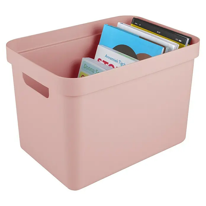 Sunware Aufbewahrungsbox Sigma Home - L x B x H: 35 x 24,6 x 24,3 cm, Kunststoff, Rosa - Rosa Aufbewahrungsbox mit Griffen, gefüllt mit Büchern und einem E-Reader, ideal zur Organisation von Kinderzimmer oder Büro.