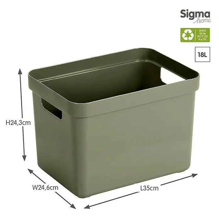 Sunware Aufbewahrungsbox Sigma Home - L x B x H: 35 x 24,6 x 24,3 cm, Kunststoff, Dunkelgrün - Abbildung eines olivgrünen Sigma Home Aufbewahrungsbehälters (18L) aus recyceltem Kunststoff mit den Maßen H24,3cm, W24,6cm, L35cm.