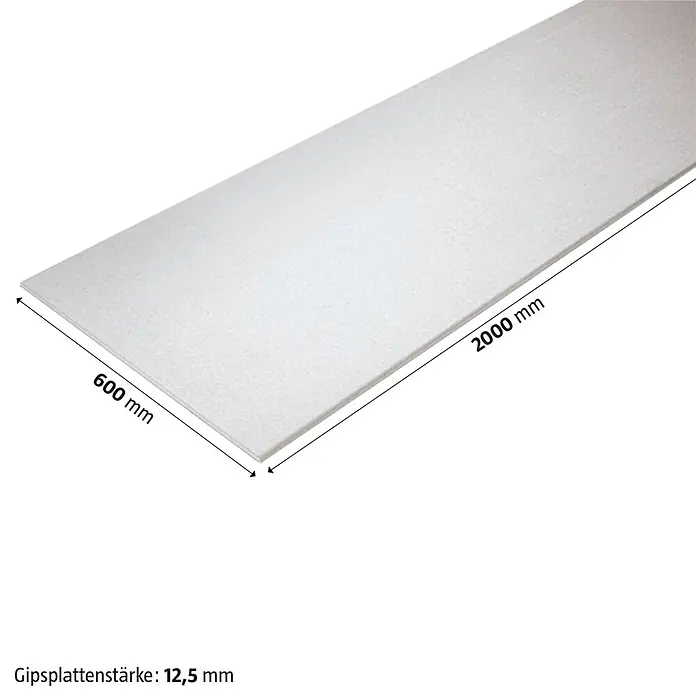 Rigips Gipskartonplatte - 2.000 x 600 x 12,5 mm - Bild einer Gipskartonplatte mit den Maßen 600 mm x 2000 mm und einer Stärke von 12,5 mm.