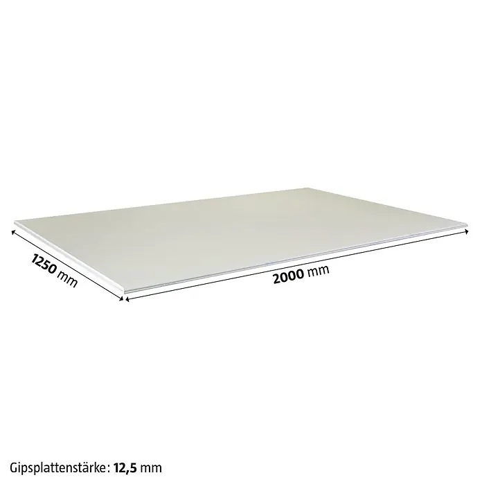 Rigips Gipskartonplatte - 2.000 x 1.250 x 12,5 mm - Bild einer Gipskartonplatte mit den Maßen 1250 mm x 2000 mm und einer Stärke von 12,5 mm.