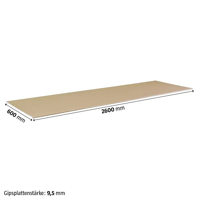 Rigips Gipskartonplatte - 2.600 x 600 x 9,5 mm - Darstellung einer Gipskartonplatte mit den Maßen 2600 mm Länge, 600 mm Breite und 9,5 mm Stärke.