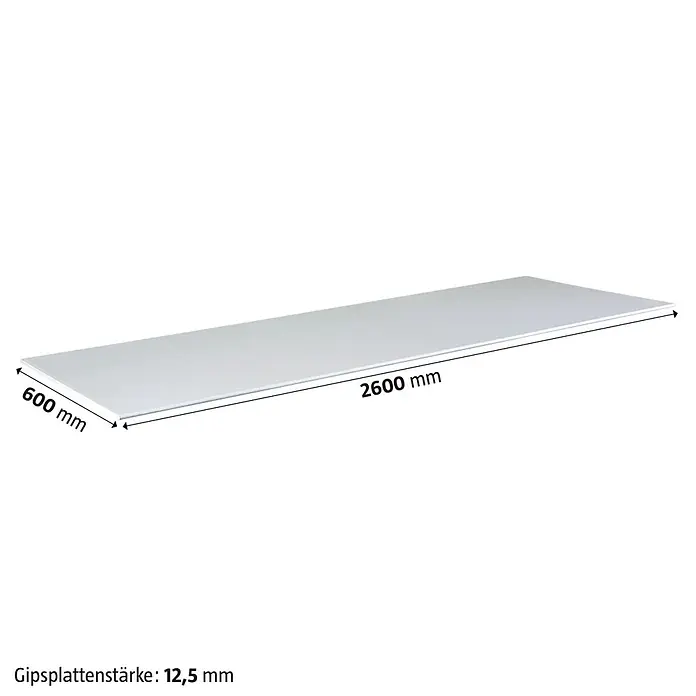 Rigips Gipskartonplatte - 2.600 x 600 x 12,5 mm - Abbildung einer Gipskartonplatte mit den Maßen 2600 mm Länge, 600 mm Breite und 12,5 mm Stärke.