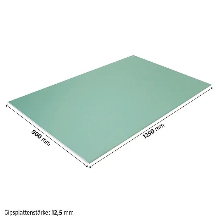Rigips Gipskartonplatte Multiboard - 1.250 x 900 x 12,5 mm, Imprägniert - Illustration einer Gipskartonplatte mit den Maßen 900 mm x 1250 mm und einer Stärke von 12,5 mm.
