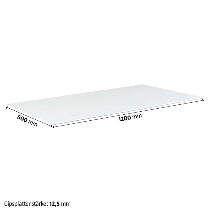 Rigips Gipskartonplatte Compact - 1.200 x 600 x 12,5 mm - Bild einer weißen Gipskartonplatte mit den Maßen 600 mm x 1200 mm und einer Dicke von 12,5 mm.\n