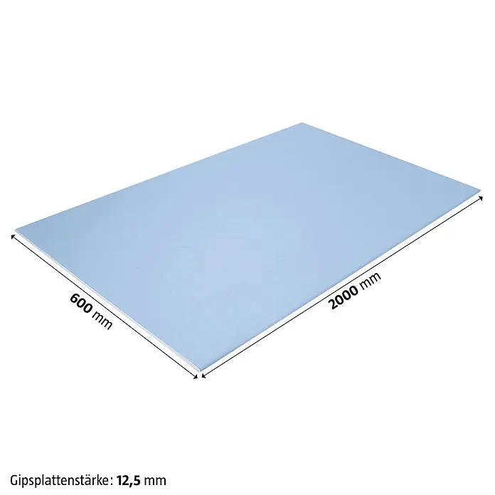 Knauf Gipskartonplatte Diamant GKFI - 2.000 x 600 x 12,5 mm, Imprägniert - Abbildung einer Gipskartonplatte mit den Maßen 2000 mm x 600 mm und einer Stärke von 12,5 mm.