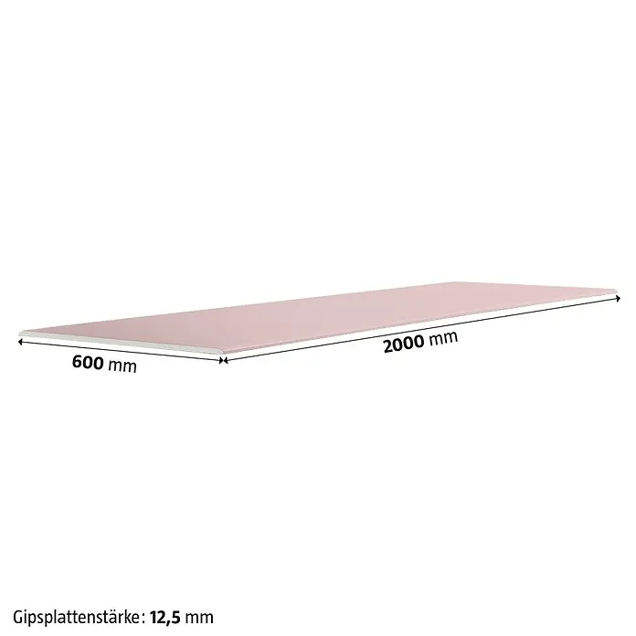 Knauf Gipskartonplatte Sonicboard - 2.000 x 600 x 12,5 mm - Abbildung einer Gipskartonplatte mit den Maßen 600 mm x 2000 mm und einer Stärke von 12,5 mm.
