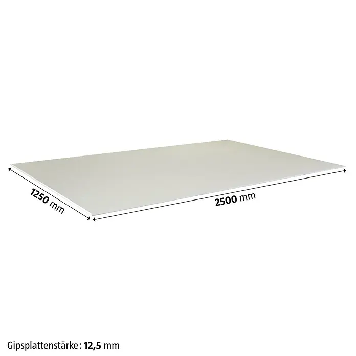Rigips Gipskartonplatte - 2.500 x 1.250 x 12,5 mm - Bild einer Gipskartonplatte mit den Maßen 1250 mm x 2500 mm und einer Stärke von 12,5 mm.