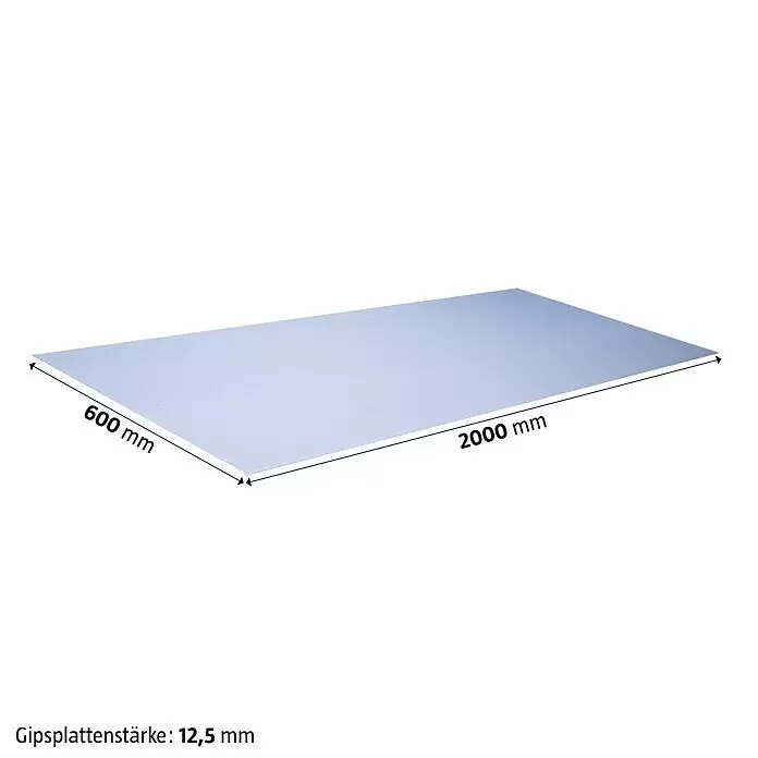 Rigips Gipskartonplatte die Blaue - 2.000 x 600 x 12,5 mm - Rechteckige hellblaue Gipsplatte, 2000 mm lang, 600 mm breit und 12,5 mm dick.