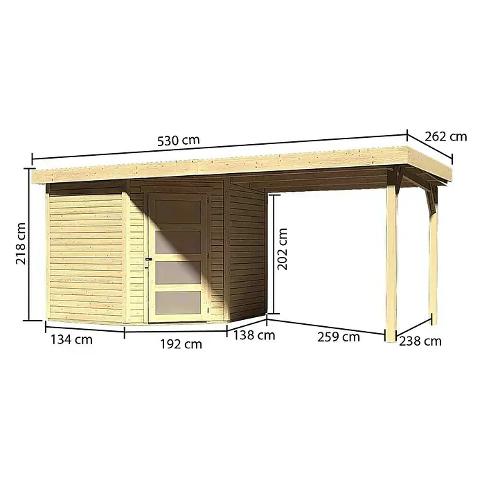 Karibu Gartenhaus Schwandorf 5 - Außenmaß inkl. Dachüberstand (B x T): 529,5 x 262 cm, Holz, Natur, Mit Anbaudach - Abbildung eines Holzgartenhauses mit Carport und Maßangaben zu dessen Größe.