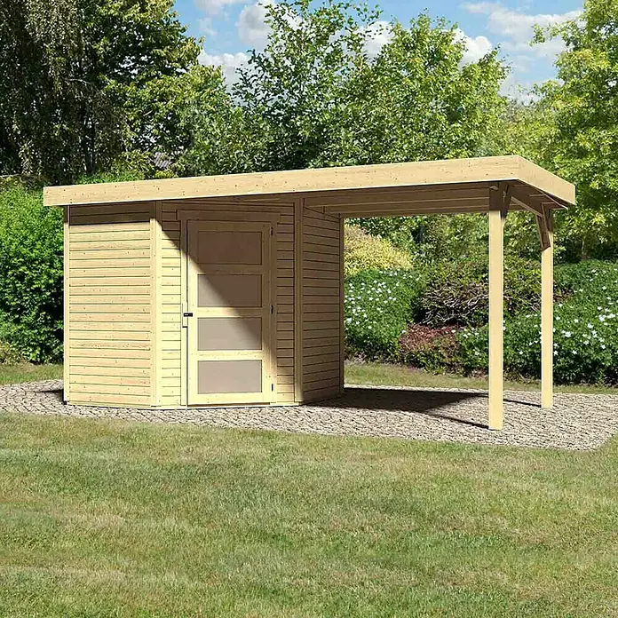 Karibu Gartenhaus Schwandorf 3 - Außenmaß inkl. Dachüberstand (B x T): 467 x 238 cm, Holz, Natur, Mit Seitendach - Geräumiges Gartenhaus mit Flachdach und überdachtem Bereich, ideal für die Aufbewahrung von Gartengeräten und als stilvoller Rückzugsort.