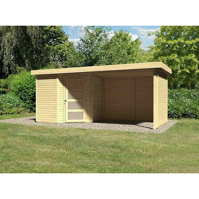 Karibu Gartenhaus Schwandorf 3 - Außenmaß inkl. Dachüberstand (B x T): 504,5 x 238 cm, Holz, Natur, Mit Seitendach, Rück- und Seitenwand - Geräumiges Holzgartenhaus mit Seiteneingang und integriertem Unterstand, ideal für die Aufbewahrung von Gartengeräten und Möbeln.