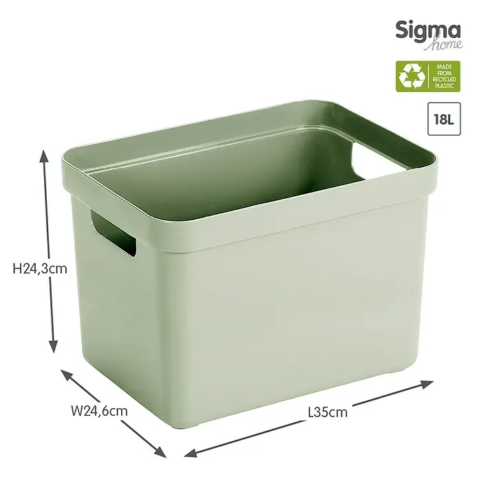 Sunware Aufbewahrungsbox Sigma Home - L x B x H: 35 x 24,6 x 24,3 cm, Kunststoff, Hellgrün - Bild eines olivgrünen 18L Sigma Home Kunststoffbehälters mit Abmessungen H24,3cm, B24,6cm, L35cm aus recyceltem Material.