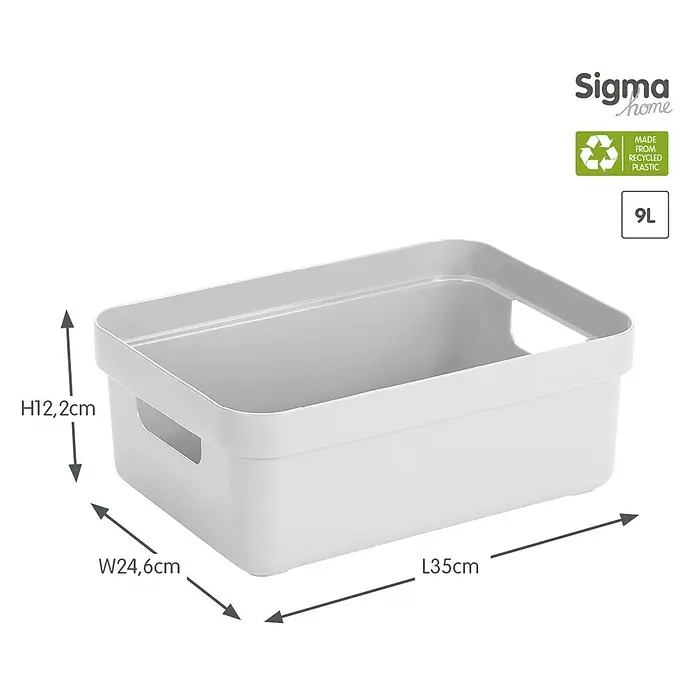 Sunware Aufbewahrungsbox Sigma Home - L x B x H: 35 x 24,6 x 12,2 cm, Kunststoff, Weiß - Abbildung eines weißen Sigma Home Aufbewahrungskorbs aus recyceltem Kunststoff mit den Maßen H12,2cm, B24,6cm und L35cm.
