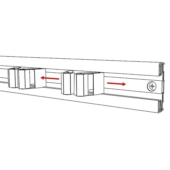 Wagner System Gerätehalter-Set WH 2045 - 2 Stk. - Darstellung einer Werkzeugleiste mit Halterungen und Richtungspfeilen. Geeignet zur Wandmontage zur platzsparenden Aufbewahrung.